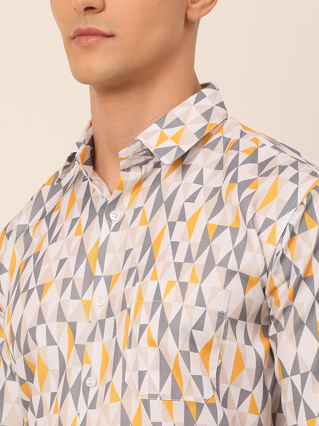 Jainish Men's Cotton Printed Formal Shirts - White-Grey