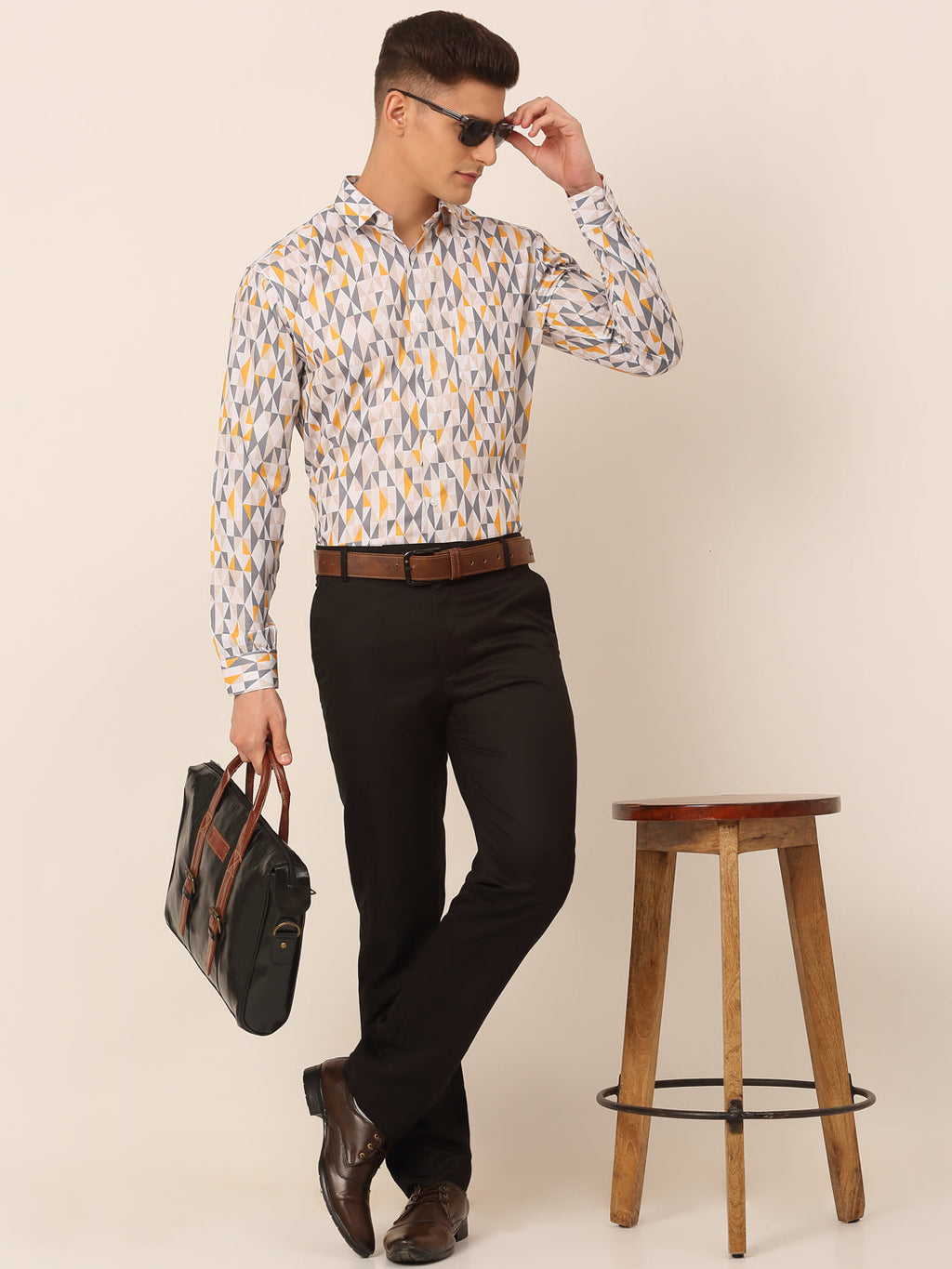 Jainish Men's Cotton Printed Formal Shirts - White-Grey