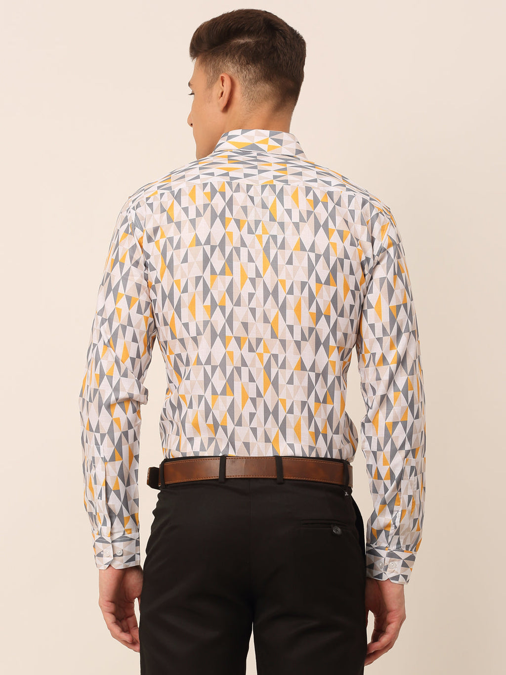 Jainish Men's Cotton Printed Formal Shirts - White-Grey