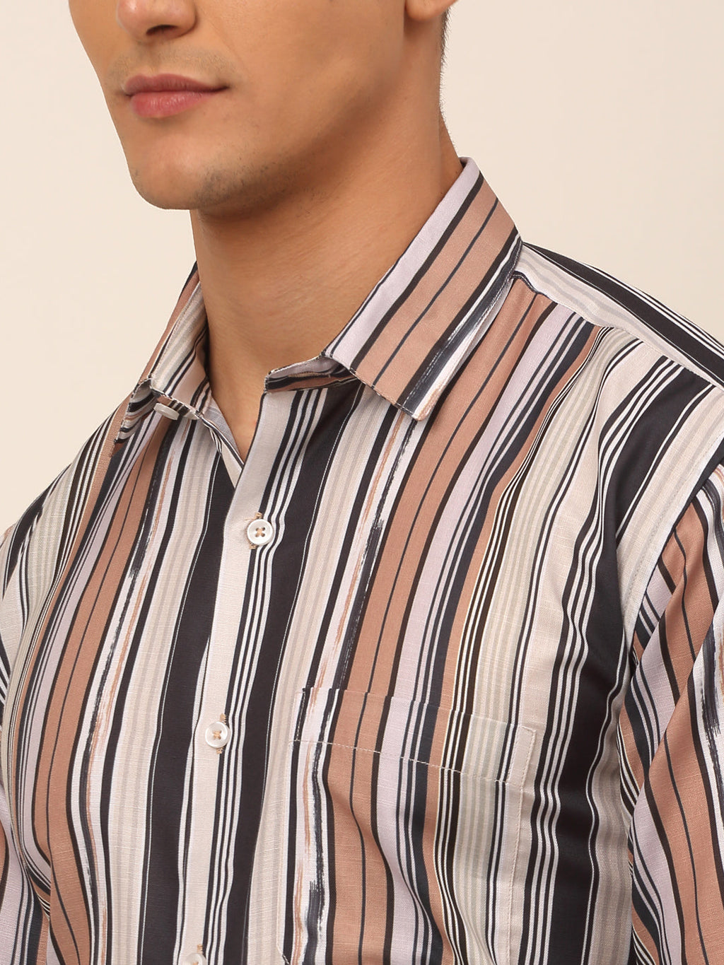 Jainish Men's Cotton Striped Formal Shirts - Brown