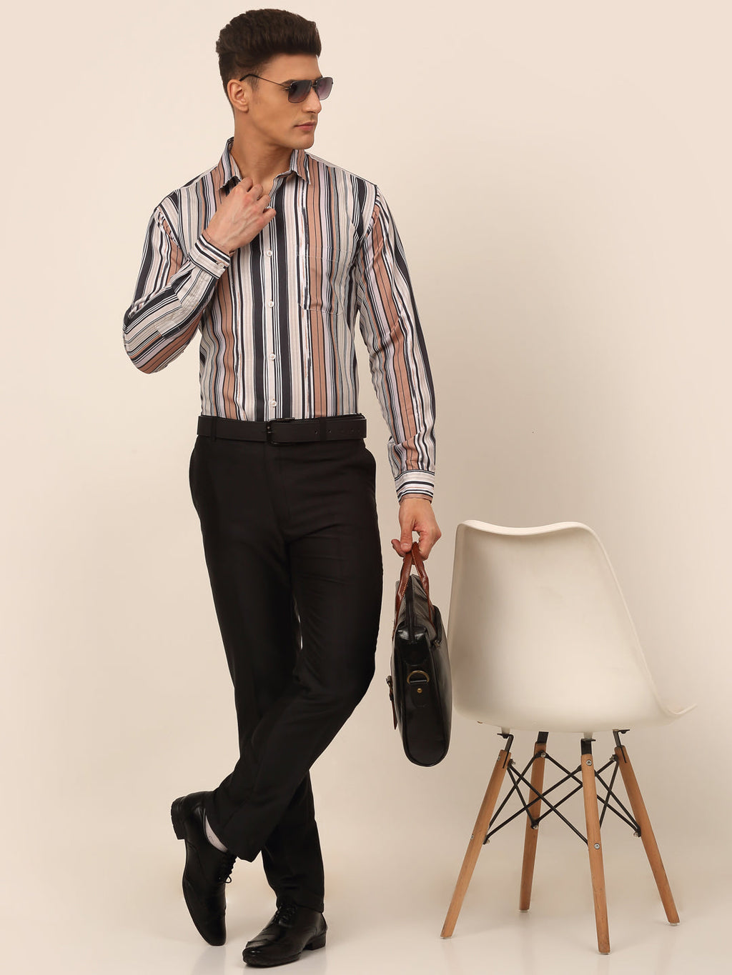 Jainish Men's Cotton Striped Formal Shirts - Brown