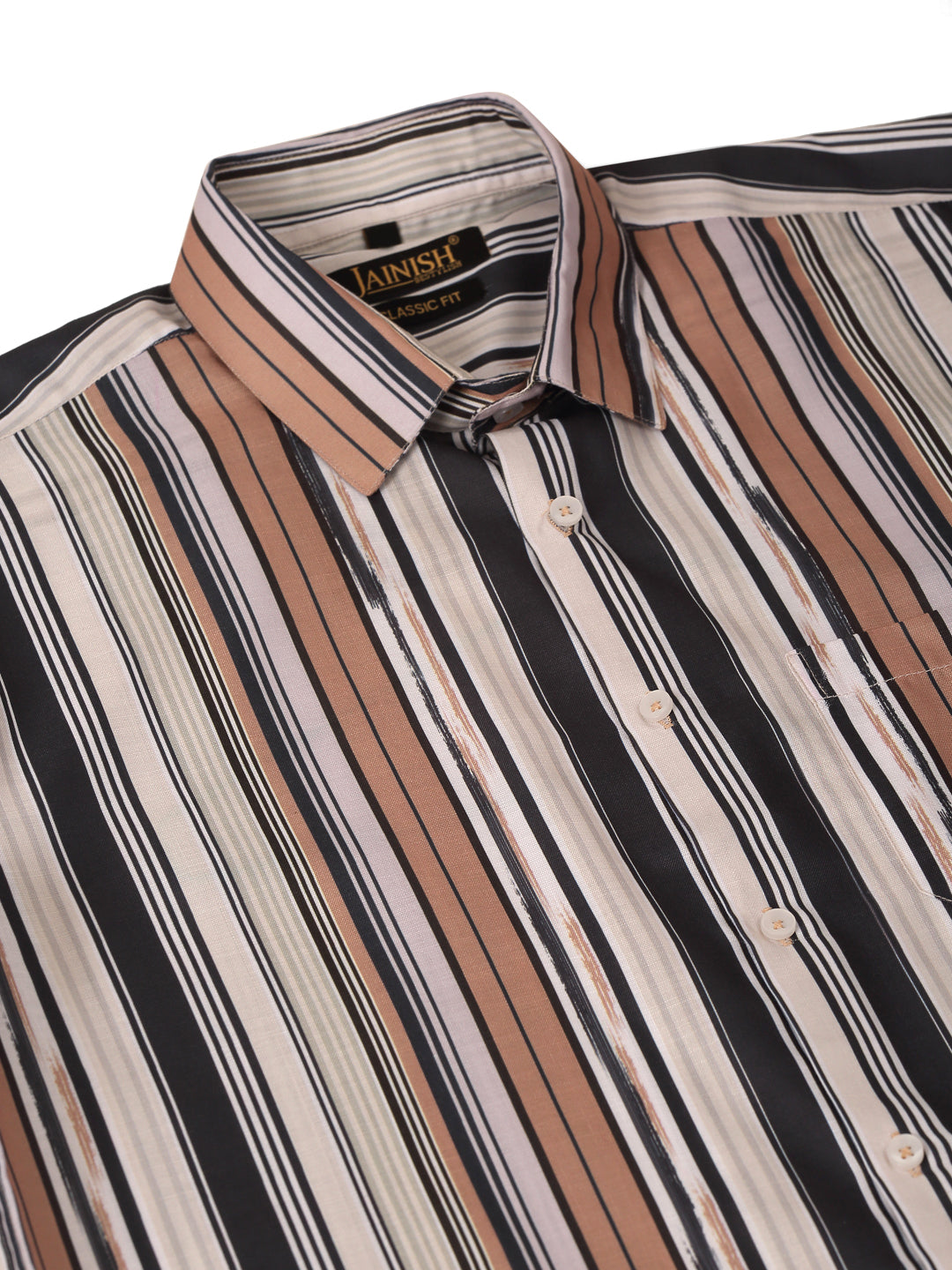 Jainish Men's Cotton Striped Formal Shirts - Brown