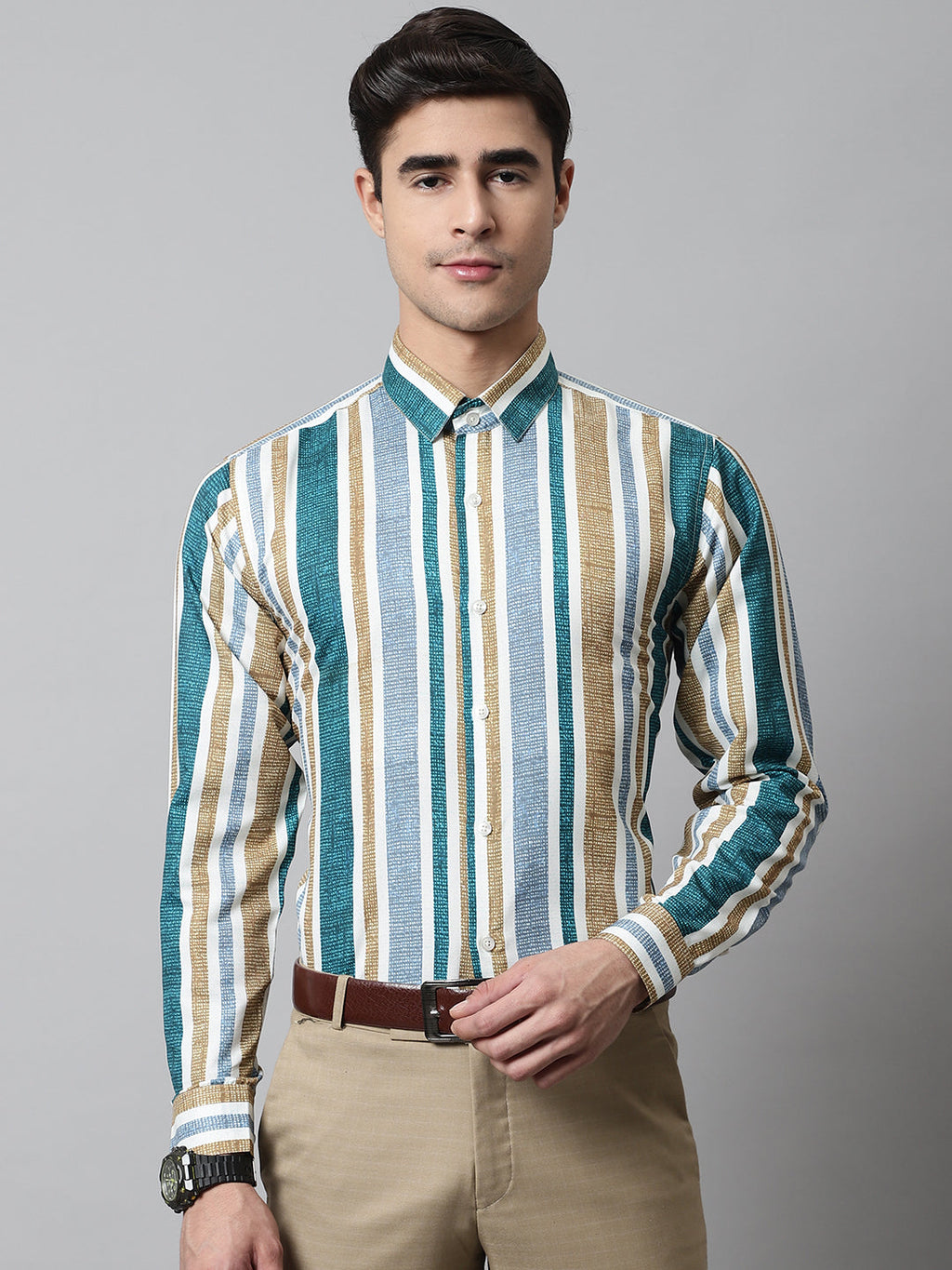 Jainish Men's Green Classic Striped Formal Shirt