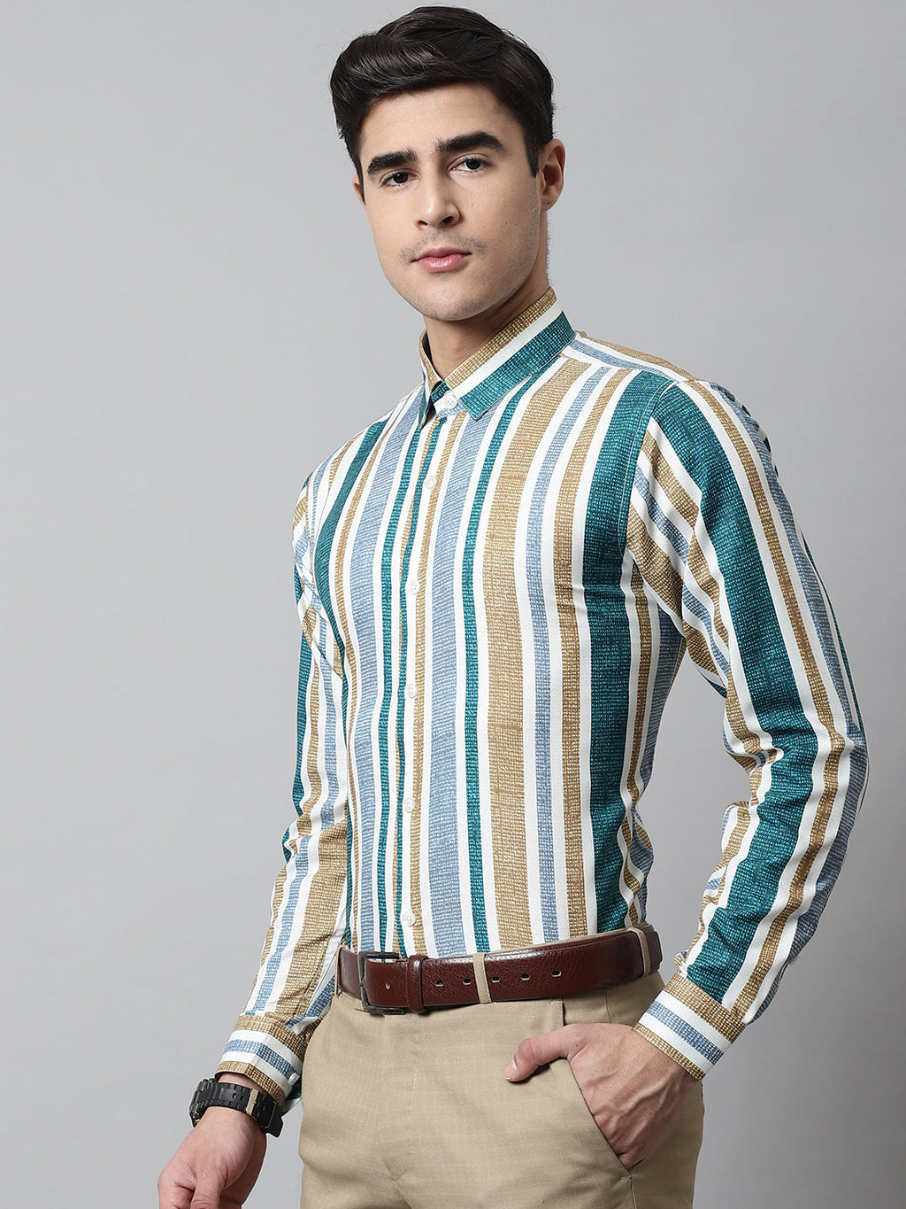 Jainish Men's Green Classic Striped Formal Shirt