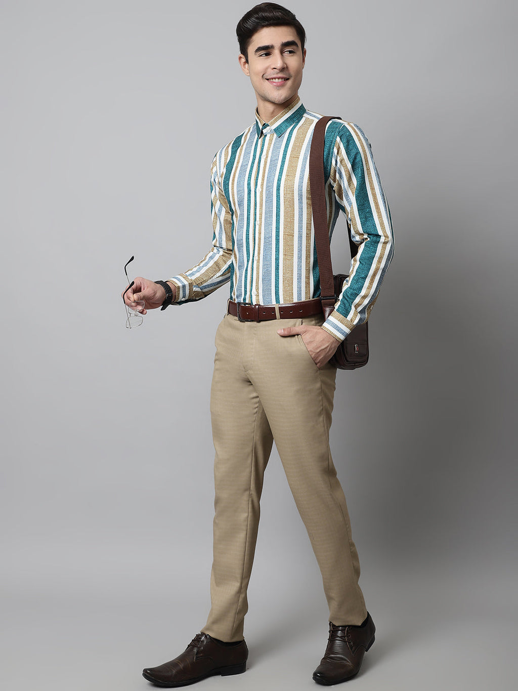 Jainish Men's Green Classic Striped Formal Shirt