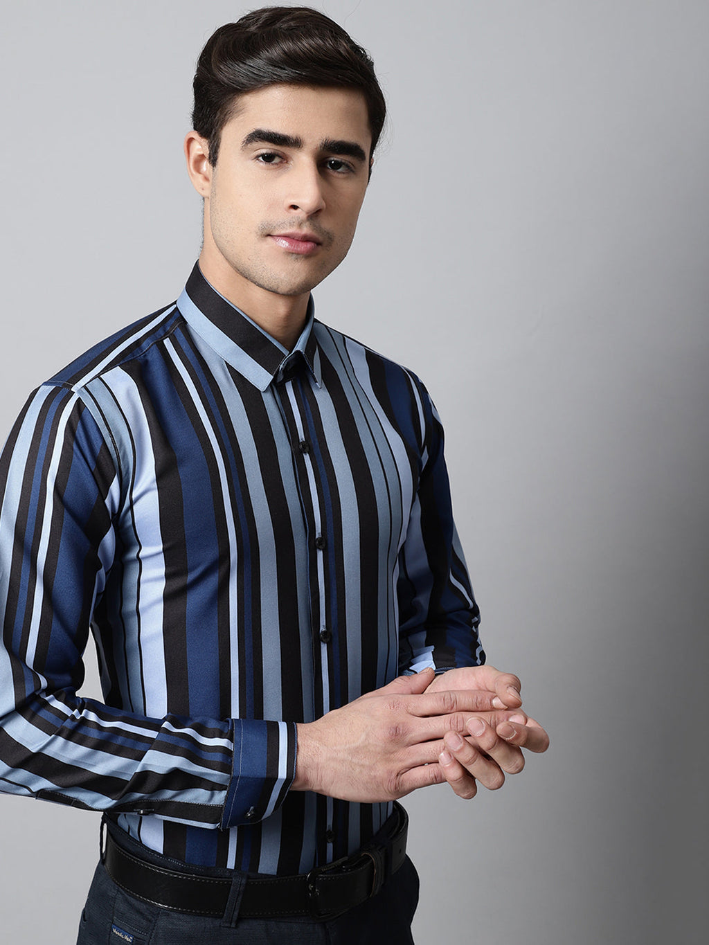 Jainish Men's Grey Classic Striped Formal Shirt