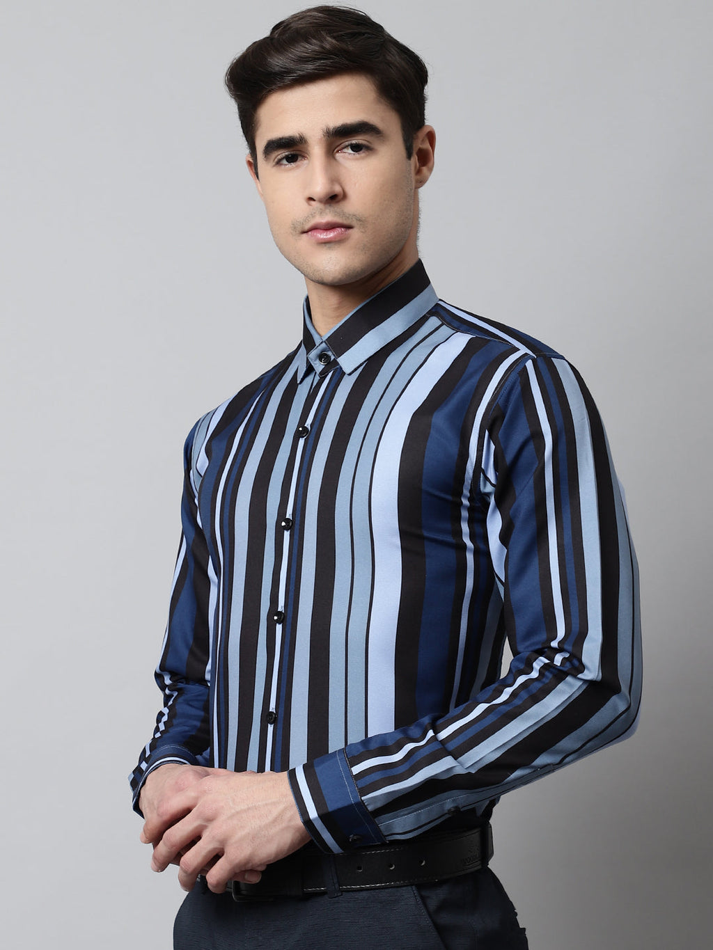 Jainish Men's Grey Classic Striped Formal Shirt