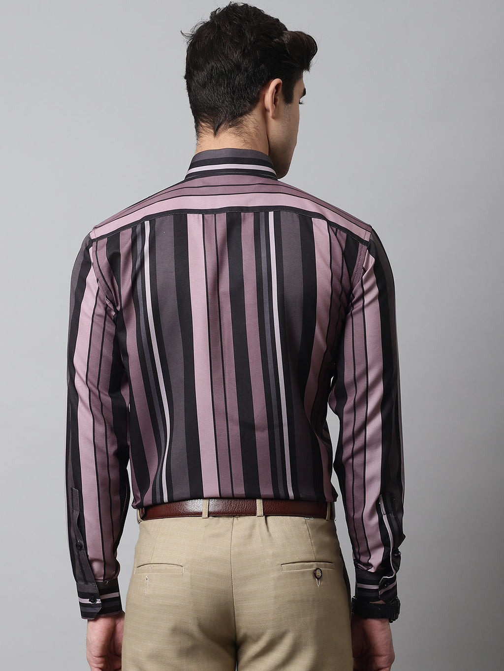 Jainish Men's Wine and Black Classic Striped Formal Shirt