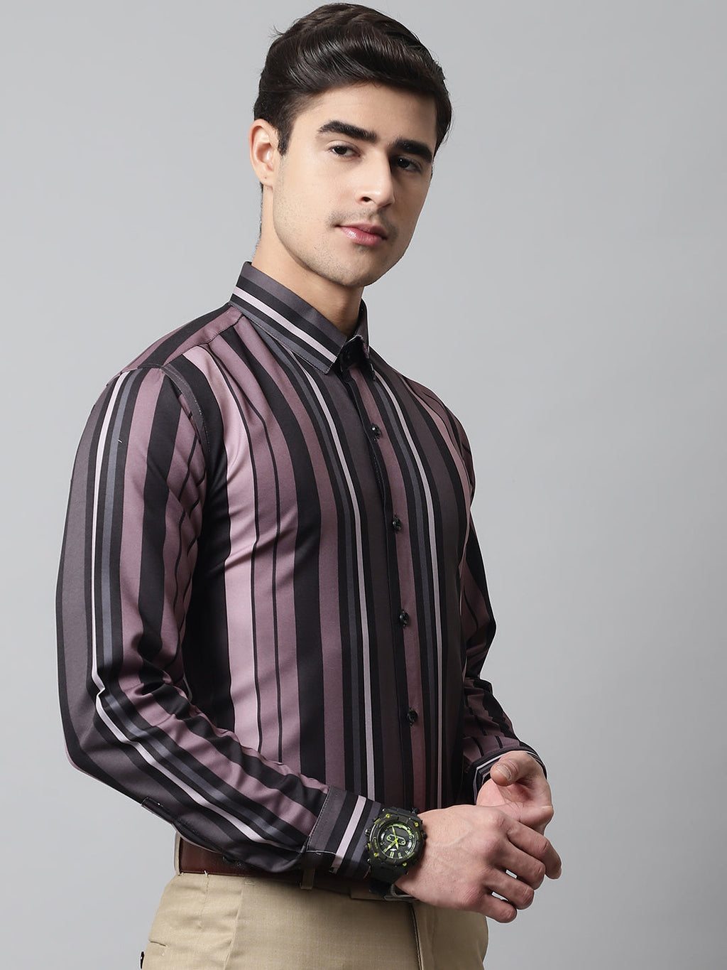 Jainish Men's Wine and Black Classic Striped Formal Shirt