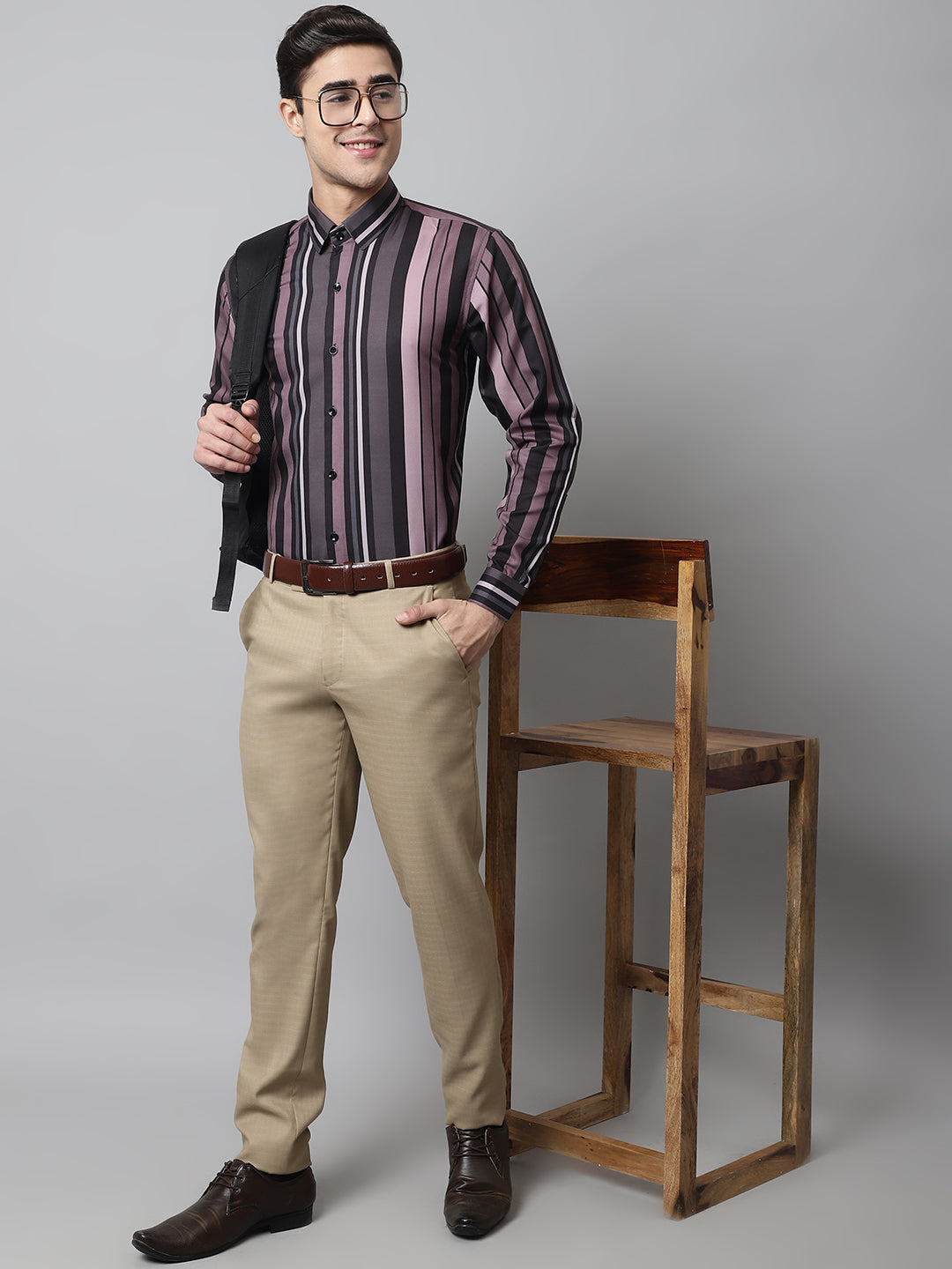 Jainish Men's Wine and Black Classic Striped Formal Shirt