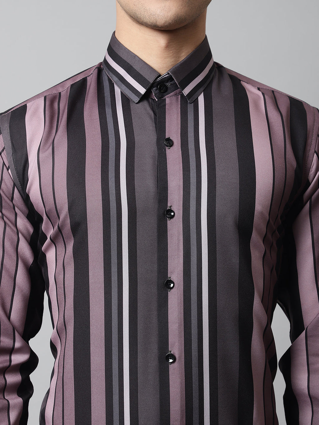 Jainish Men's Wine and Black Classic Striped Formal Shirt