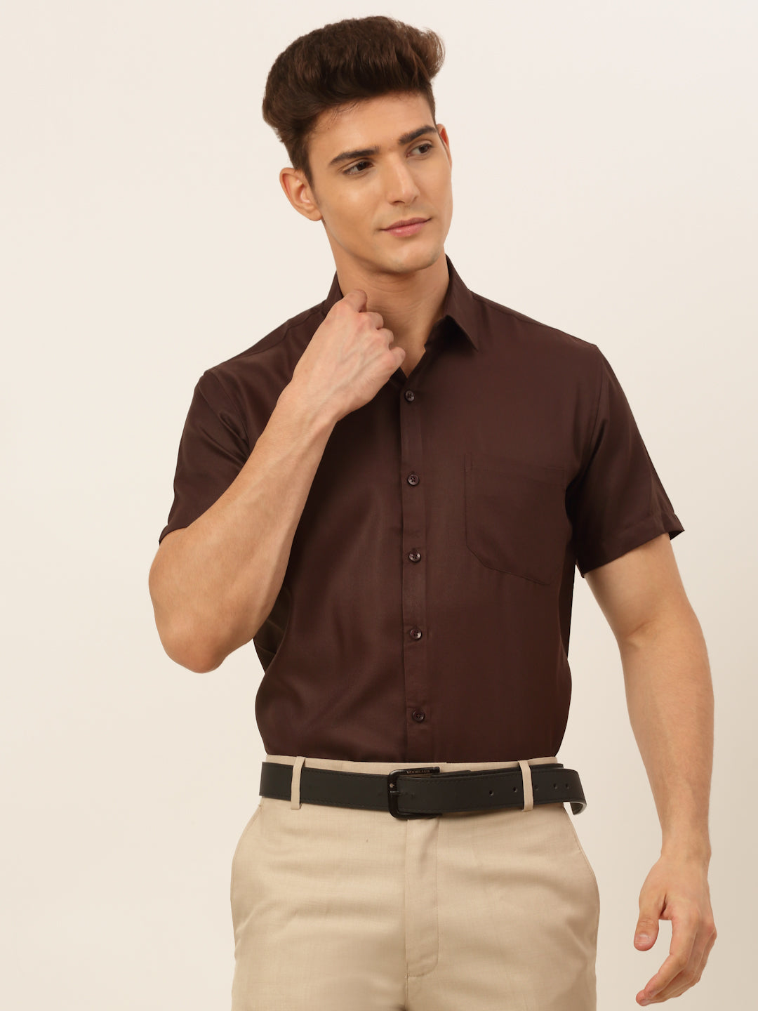 Jainish Men's Cotton Solid Formal Shirt - Coffee