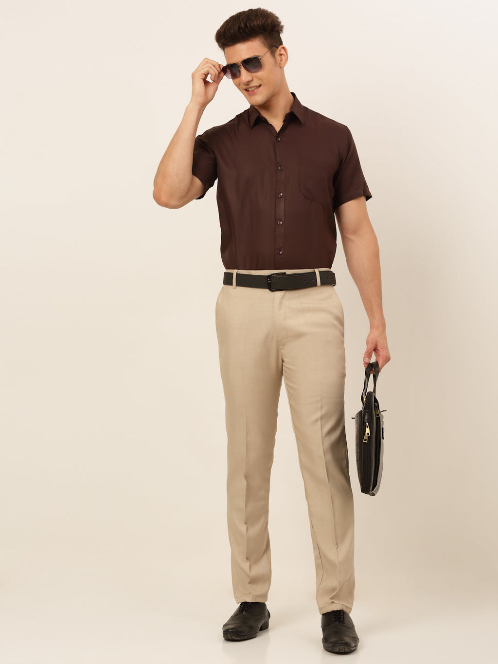 Jainish Men's Cotton Solid Formal Shirt - Coffee