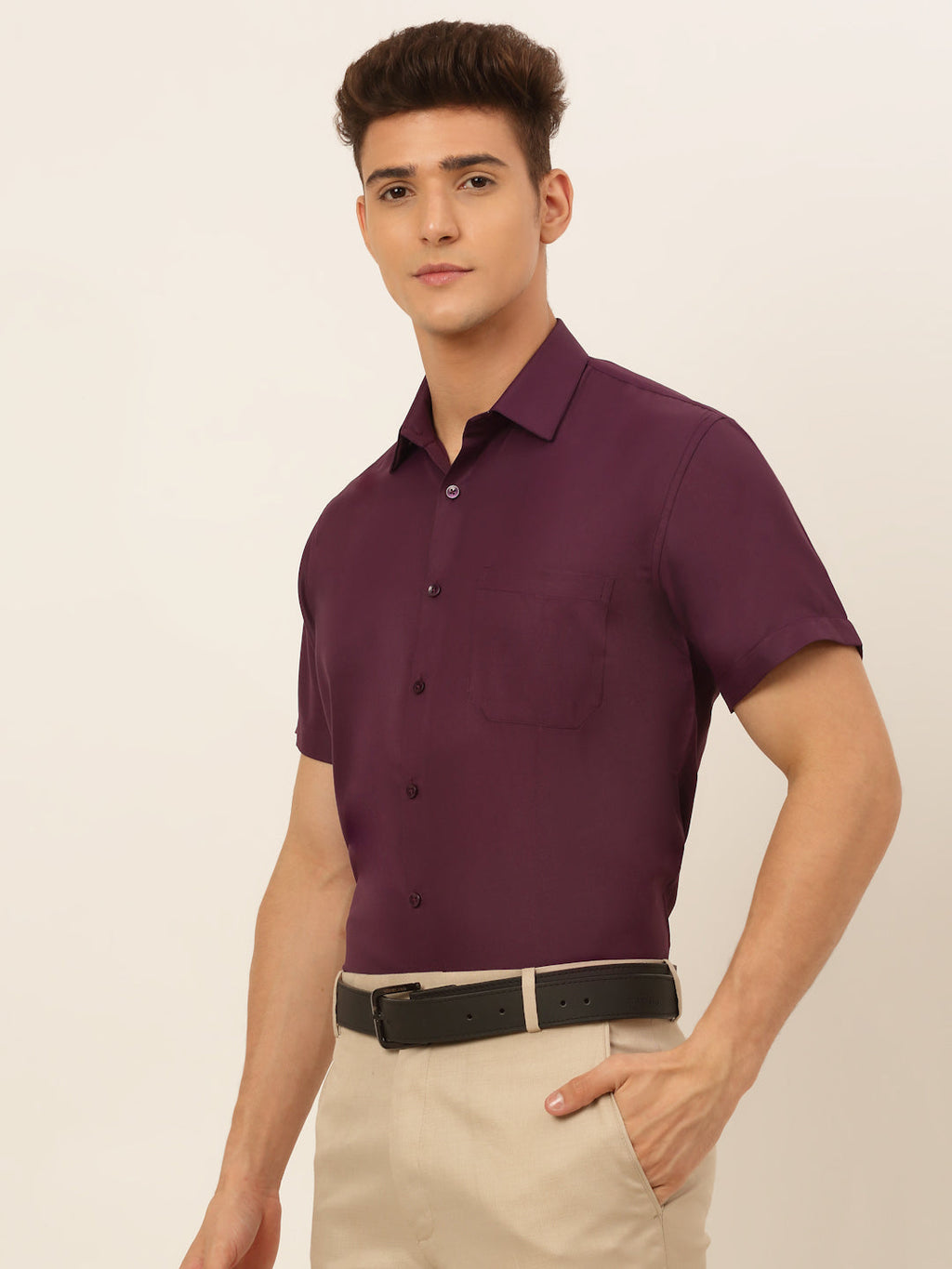 Jainish Men's Cotton Solid Formal Shirt - Wine