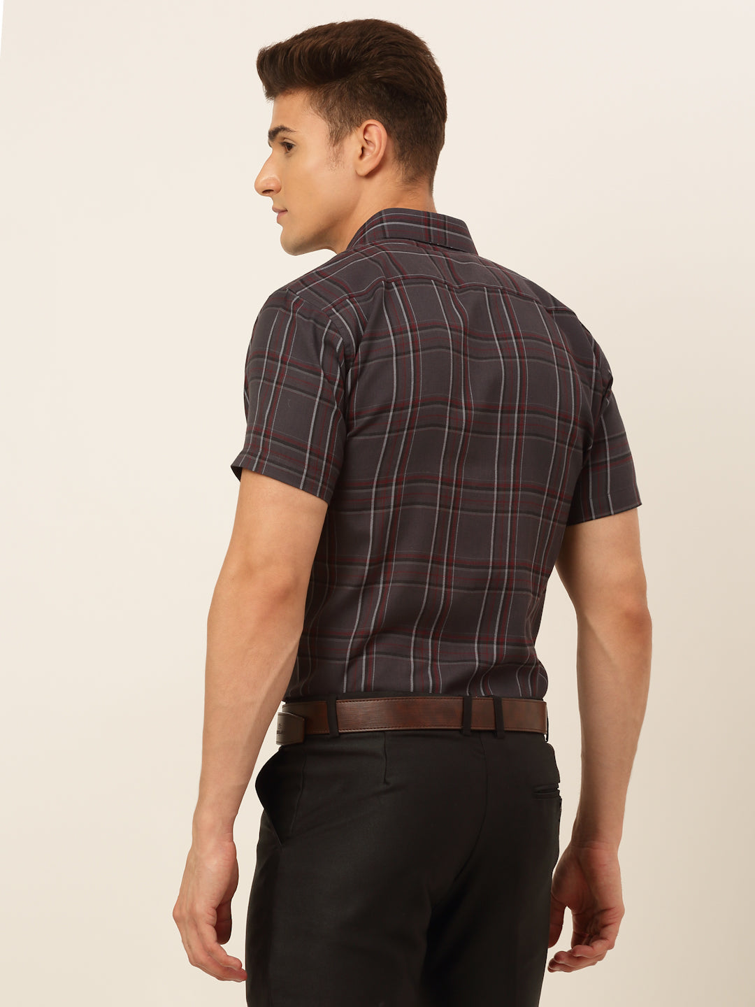 Jainish Men's Cotton Checked Formal Shirts - Brown