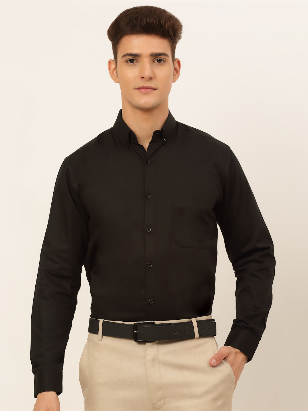 Jainish Men's Cotton Solid Formal Shirt - Black