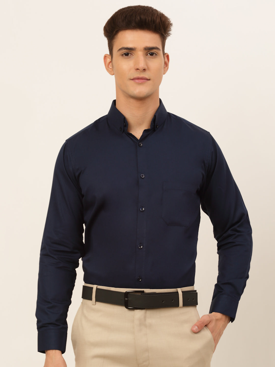 Jainish Men's Cotton Solid Formal Shirt - Navy Blue