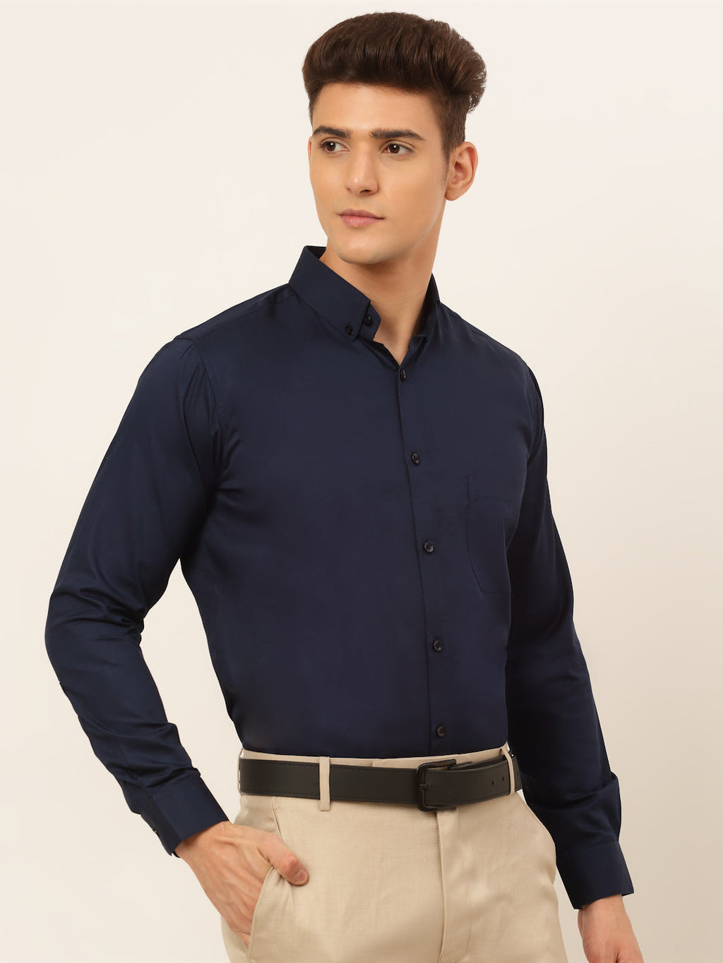 Jainish Men's Cotton Solid Formal Shirt - Navy Blue