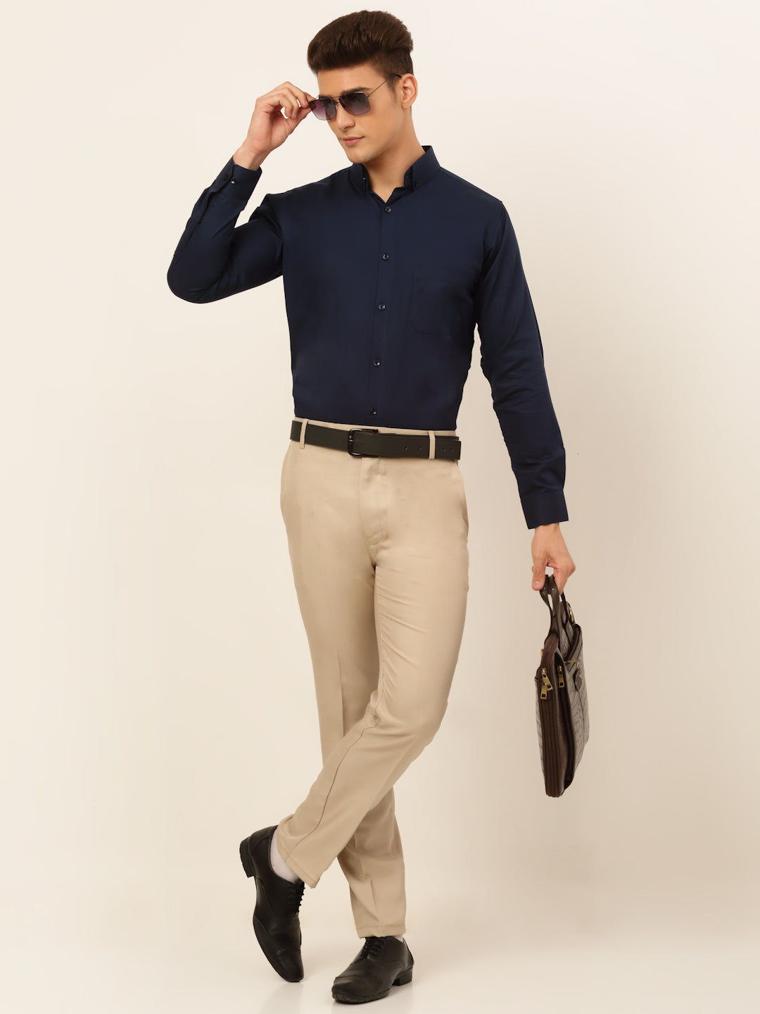 Jainish Men's Cotton Solid Formal Shirt - Navy Blue