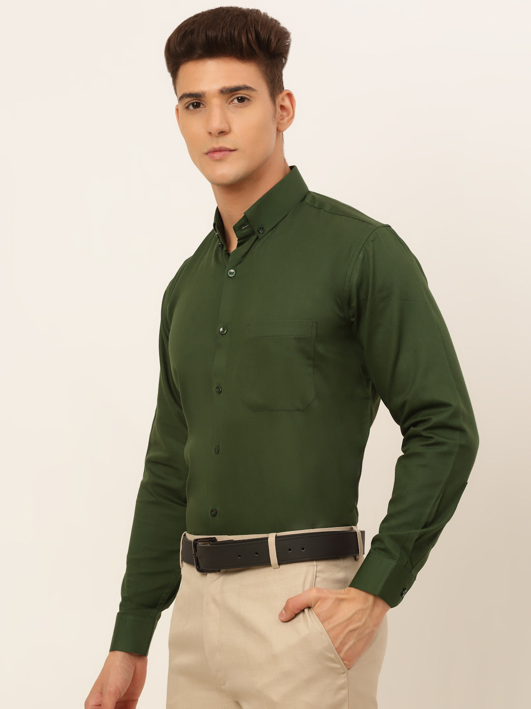 Jainish Men's Cotton Solid Formal Shirt - Olive
