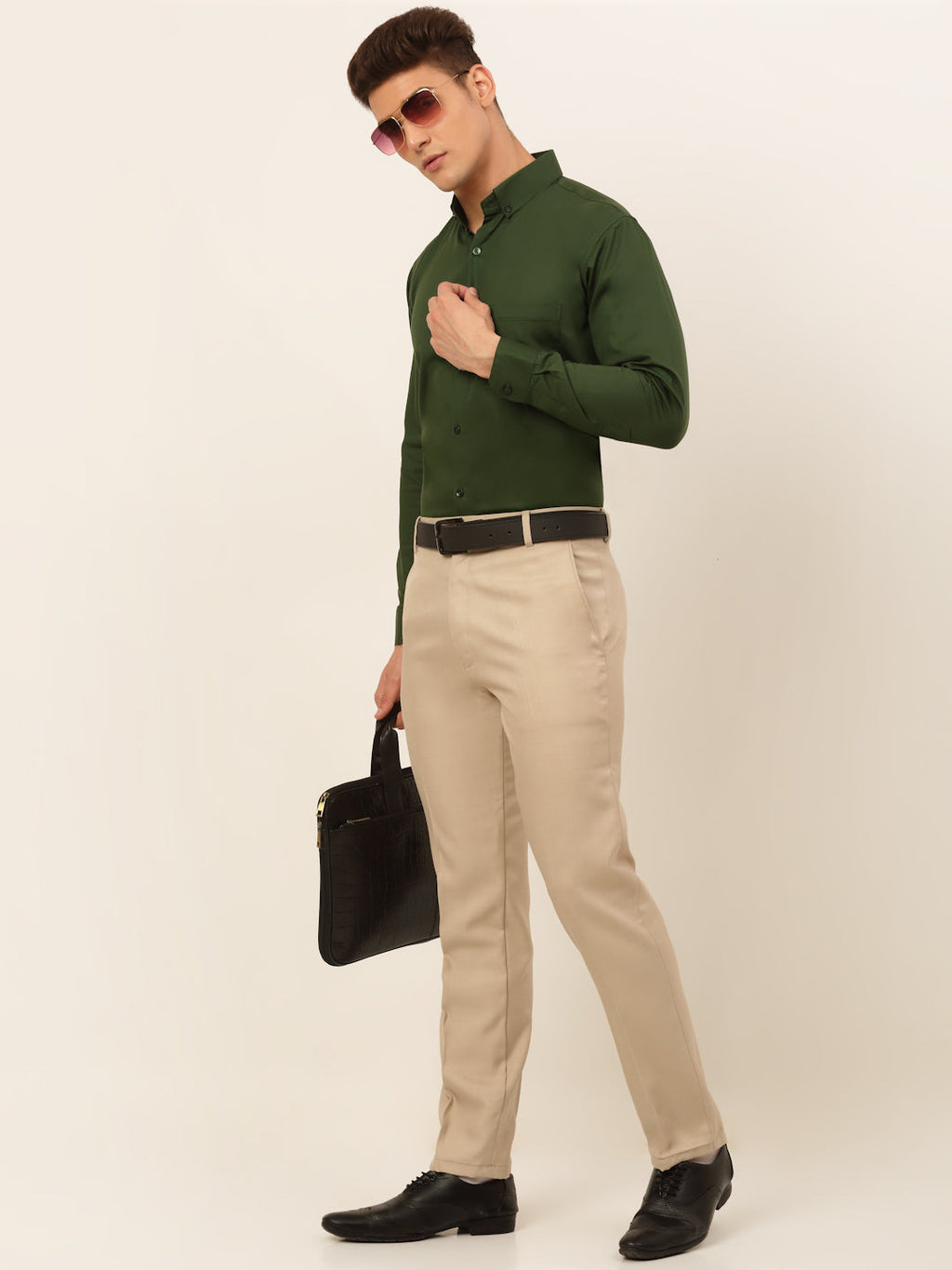 Jainish Men's Cotton Solid Formal Shirt - Olive
