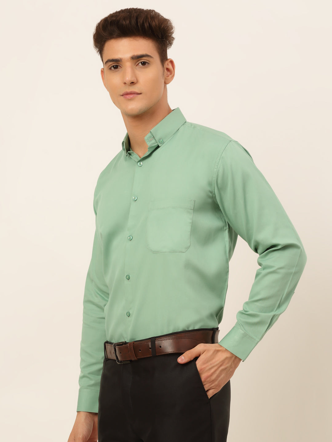 Jainish Men's Cotton Solid Formal Shirt - Pista