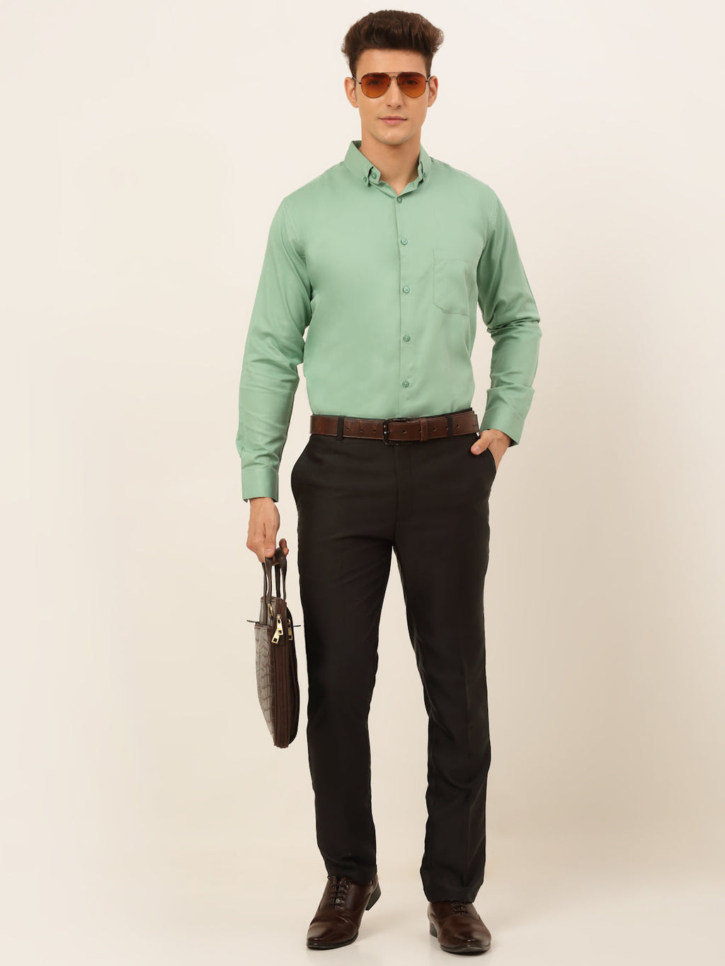 Jainish Men's Cotton Solid Formal Shirt - Pista