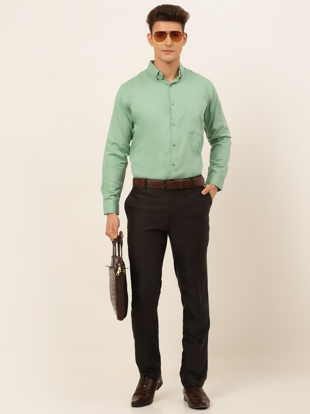 Jainish Men's Cotton Solid Formal Shirt - Pista