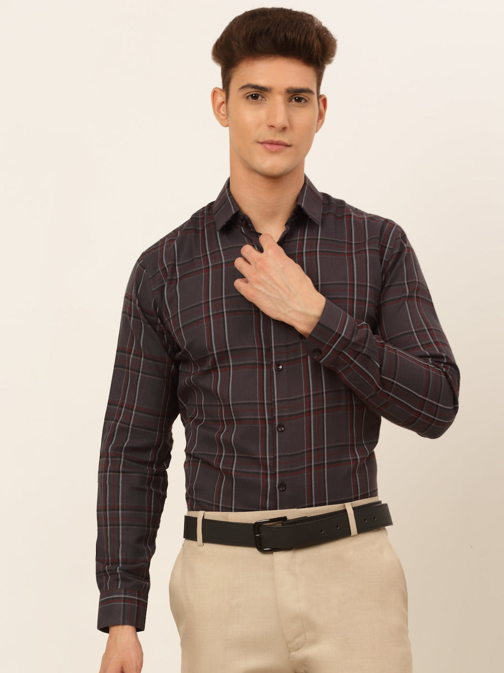 Jainish Men's Cotton Checked Formal Shirts - Brown