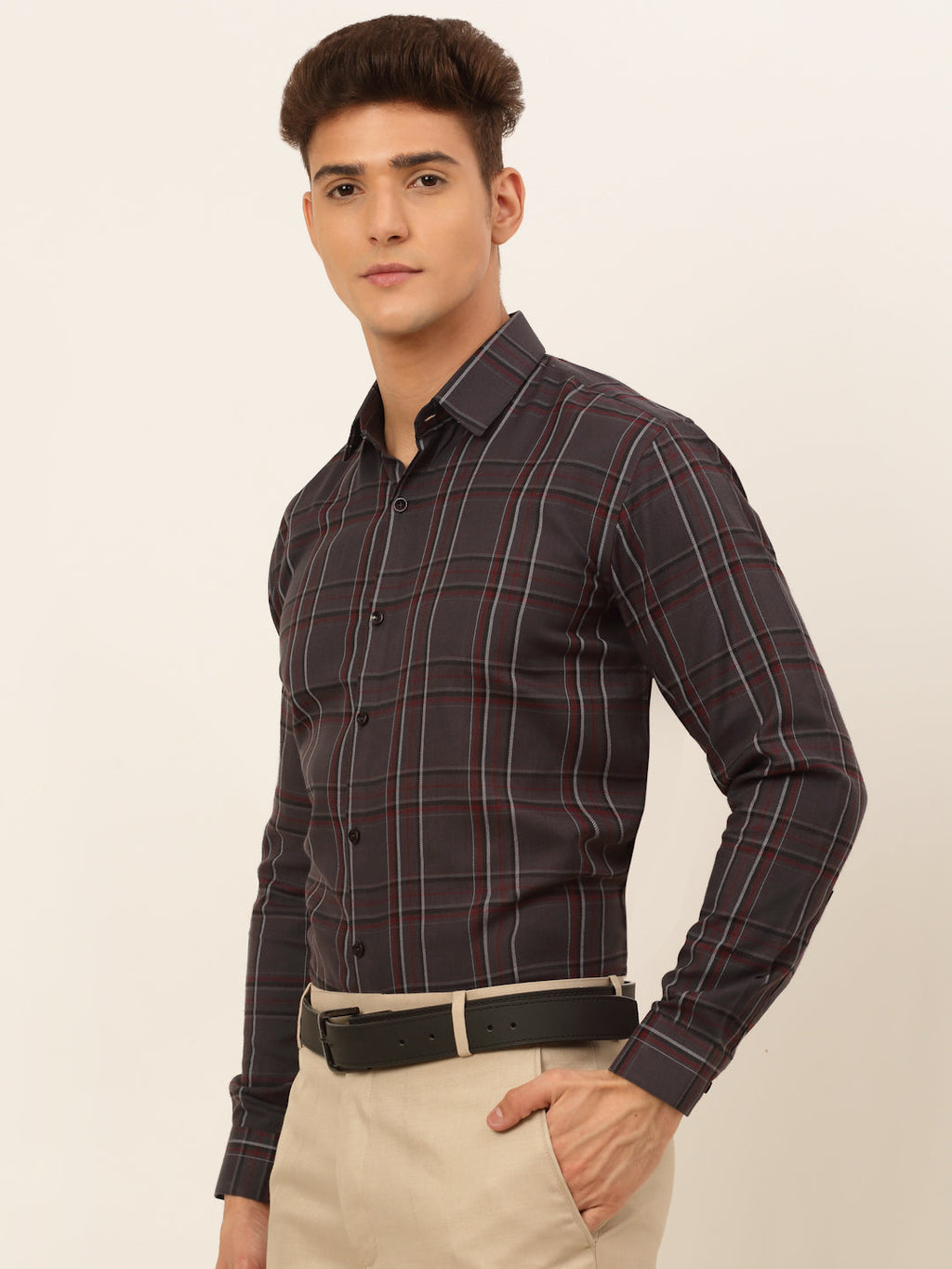 Jainish Men's Cotton Checked Formal Shirts - Brown