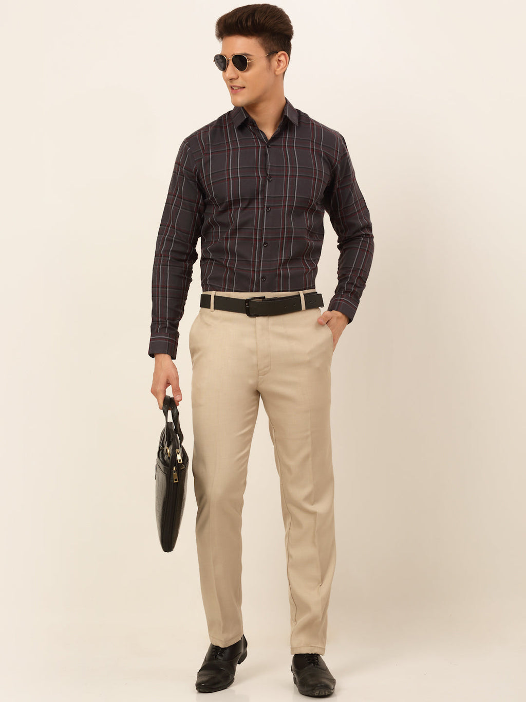 Jainish Men's Cotton Checked Formal Shirts - Brown