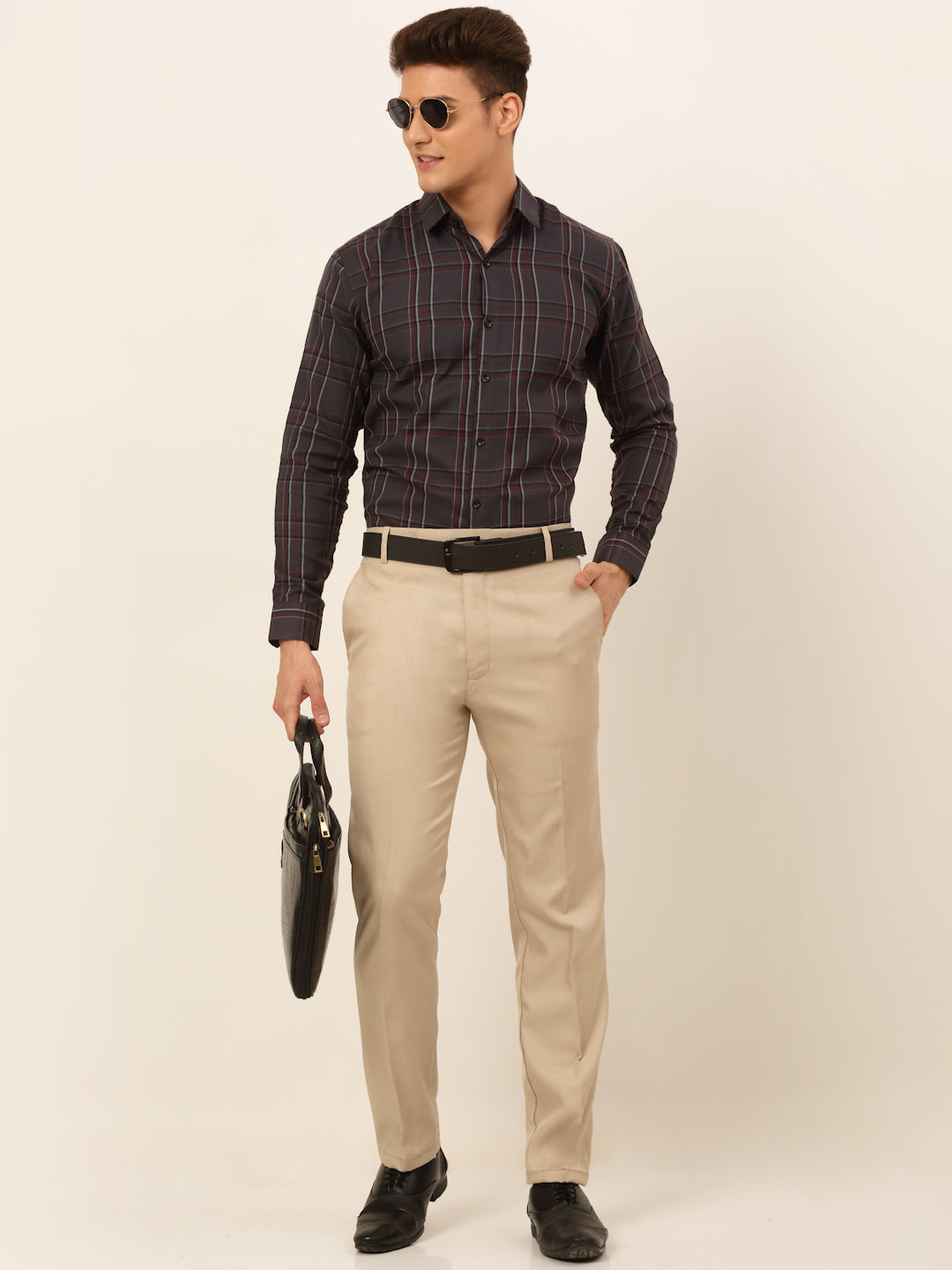 Jainish Men's Cotton Checked Formal Shirts - Brown