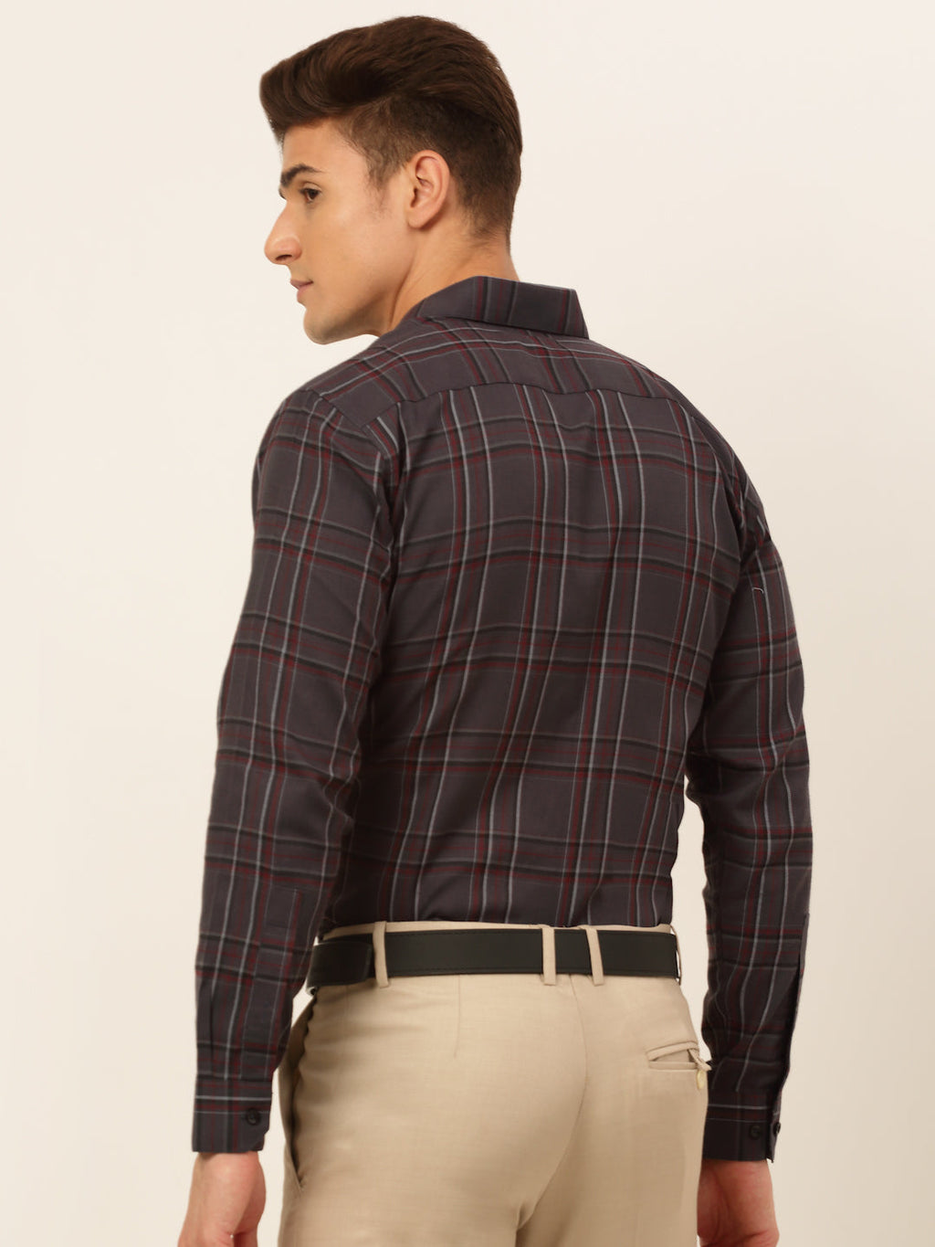 Jainish Men's Cotton Checked Formal Shirts - Brown
