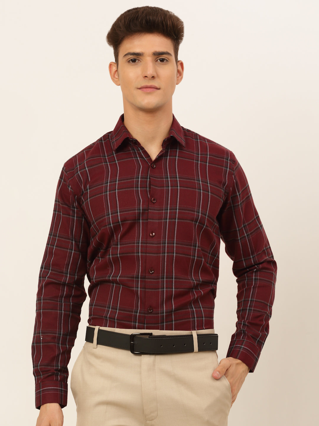 Jainish Men's Cotton Checked Formal Shirts - Maroon