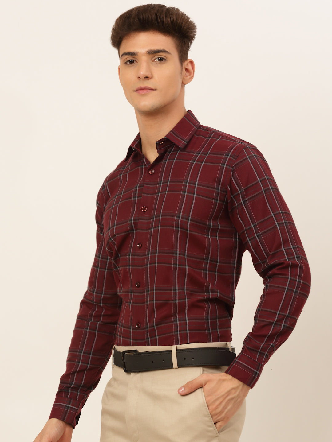 Jainish Men's Cotton Checked Formal Shirts - Maroon