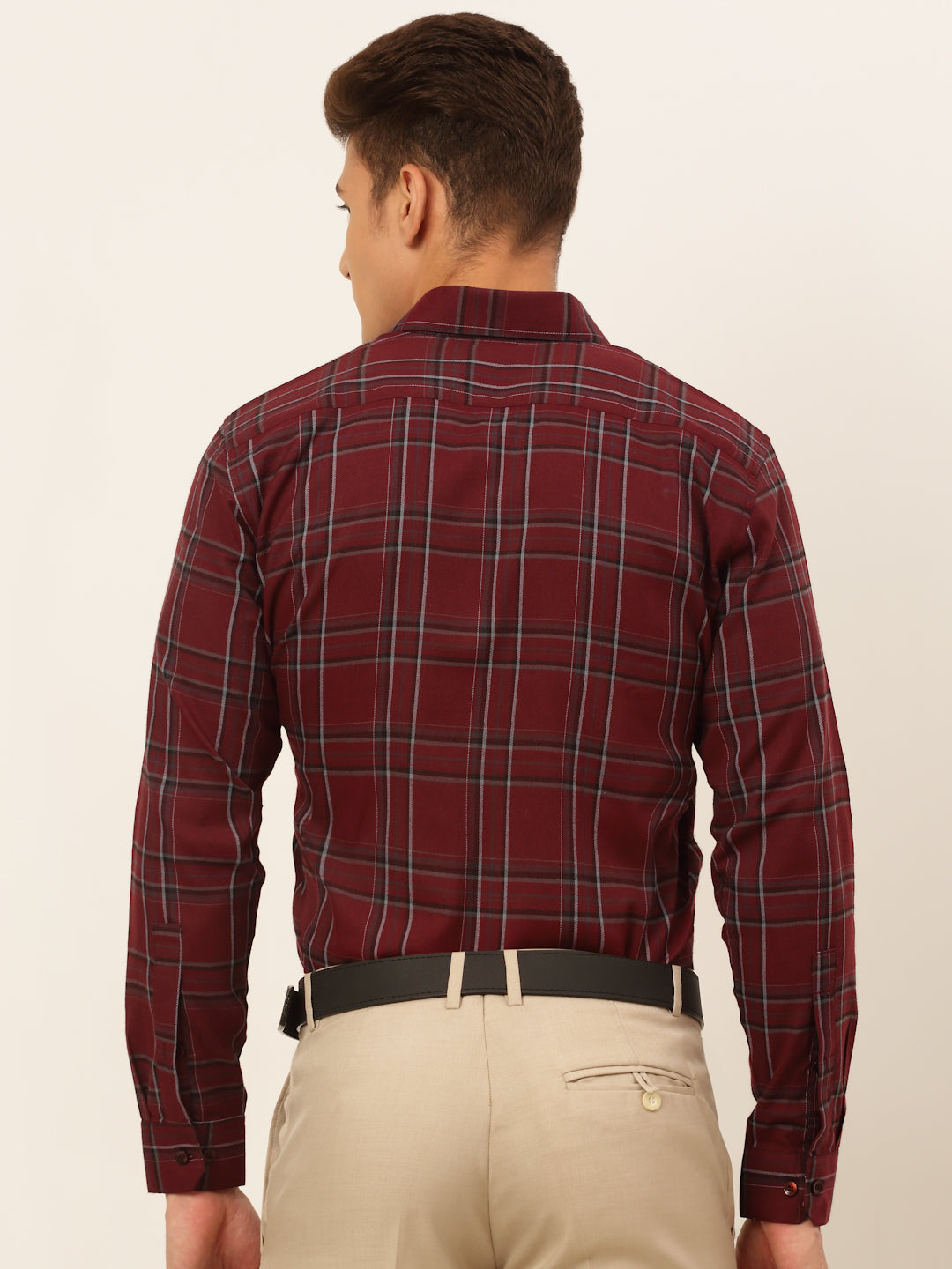 Jainish Men's Cotton Checked Formal Shirts - Maroon