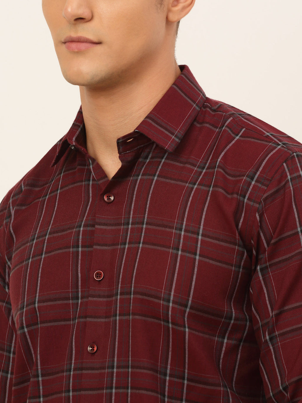 Jainish Men's Cotton Checked Formal Shirts - Maroon