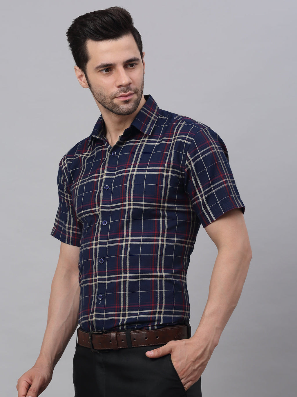 Jainish Men's Navy Half Sleeve Checked Formal Shirt