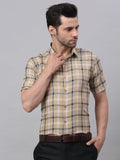 Jainish Men's Beige Half Sleeve Checked Formal Shirt