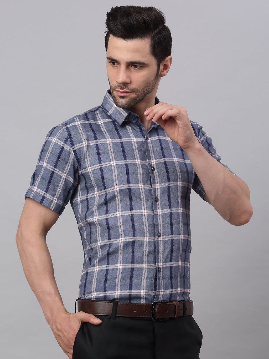 Jainish Men's Grey Half Sleeve Checked Formal Shirt