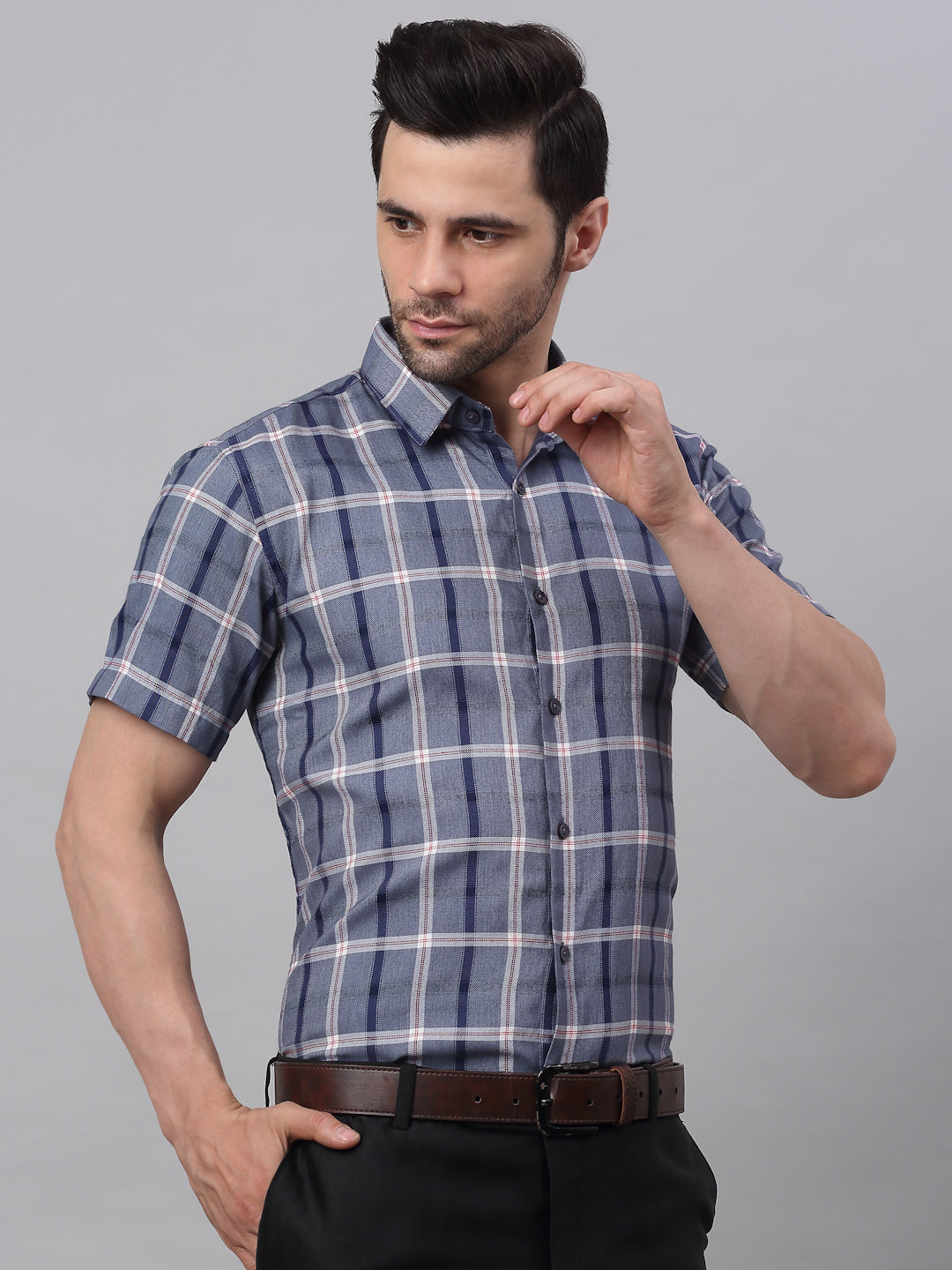 Jainish Men's Grey Half Sleeve Checked Formal Shirt