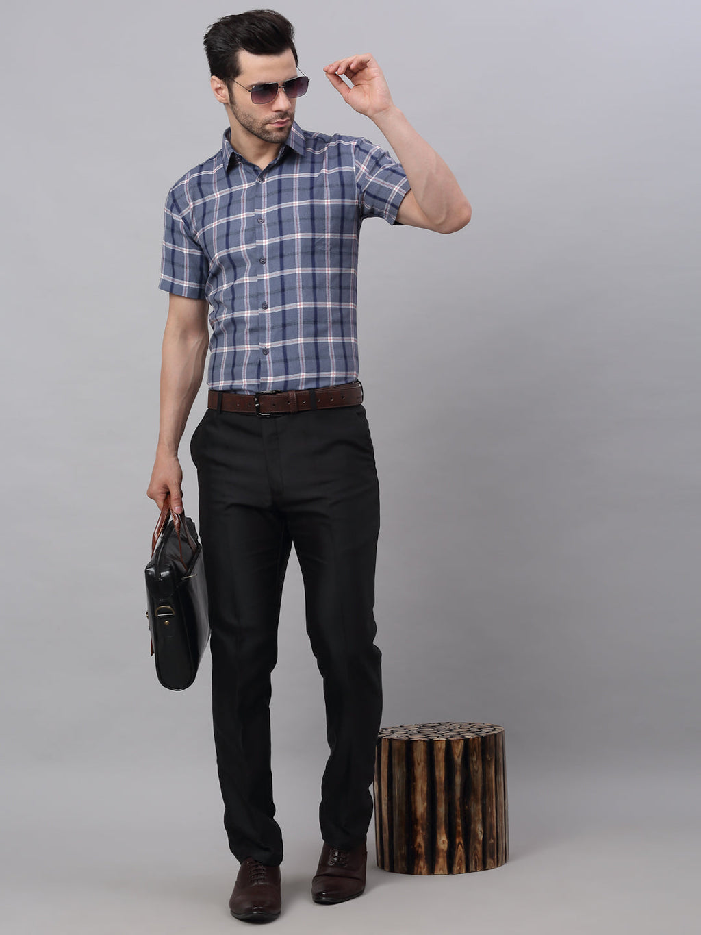 Jainish Men's Grey Half Sleeve Checked Formal Shirt