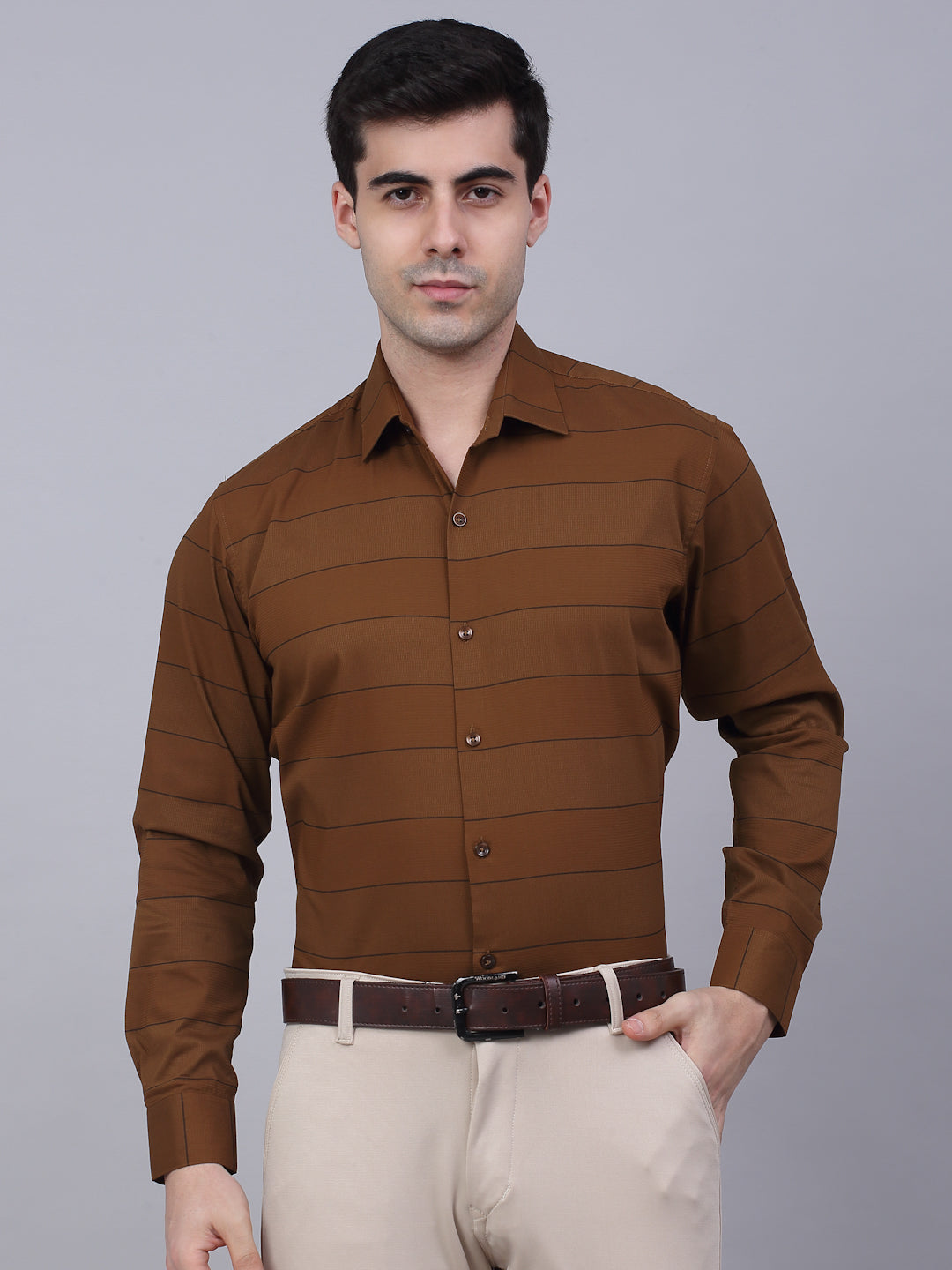 Jainish Men's Brown Horizontal Striped Formal Shirt