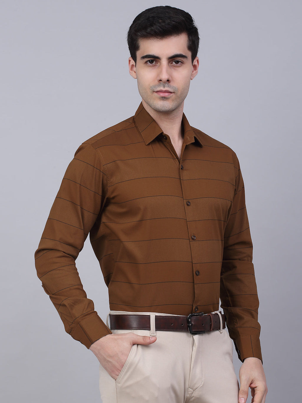 Jainish Men's Brown Horizontal Striped Formal Shirt