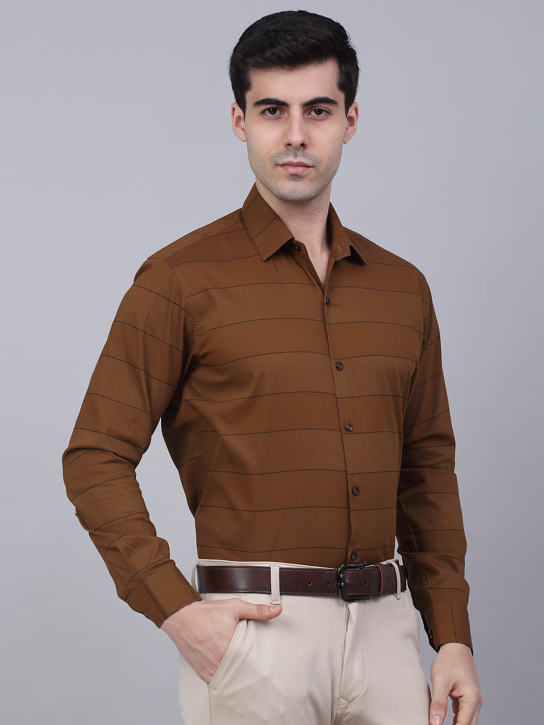 Jainish Men's Brown Horizontal Striped Formal Shirt