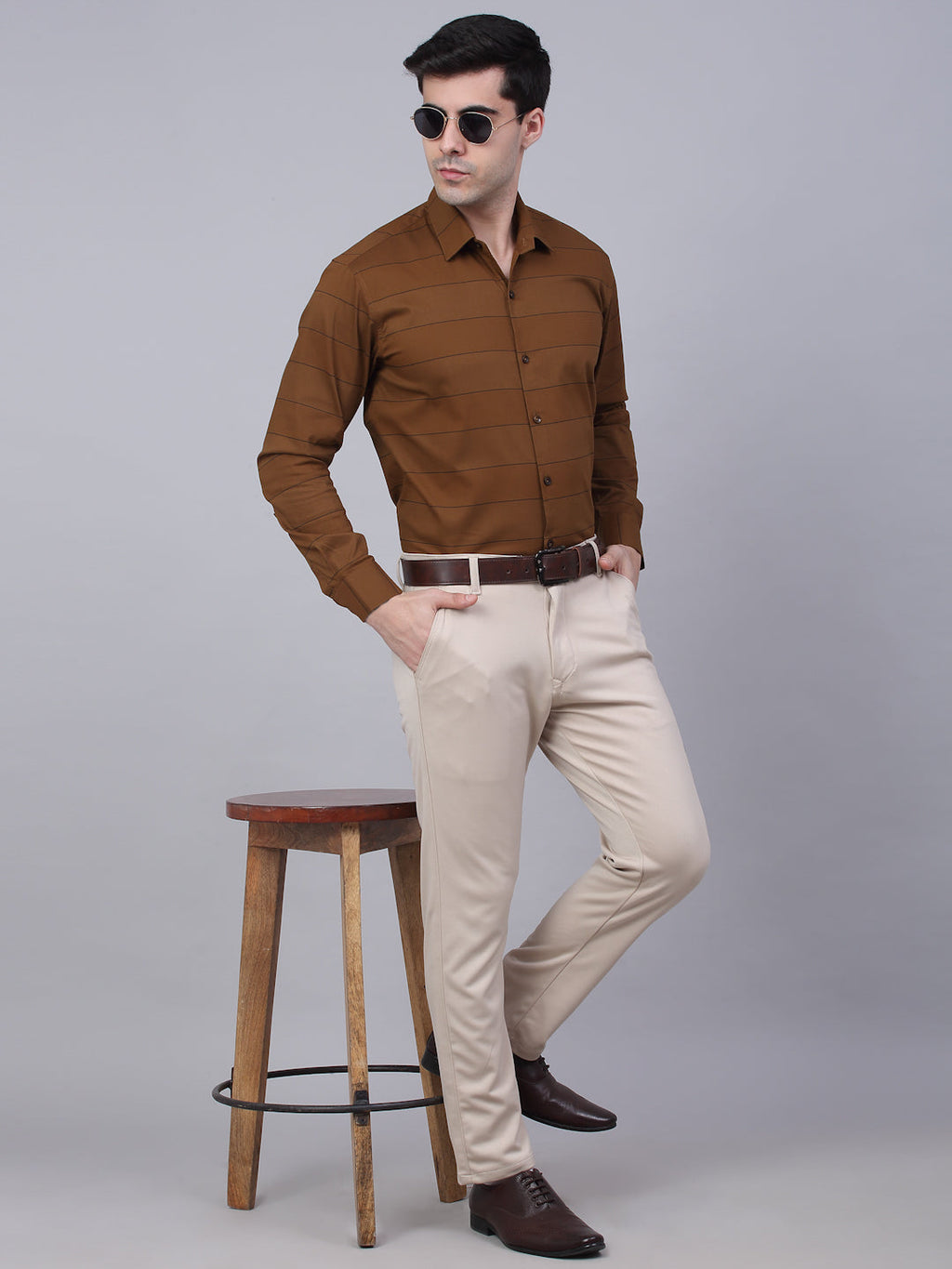 Jainish Men's Brown Horizontal Striped Formal Shirt