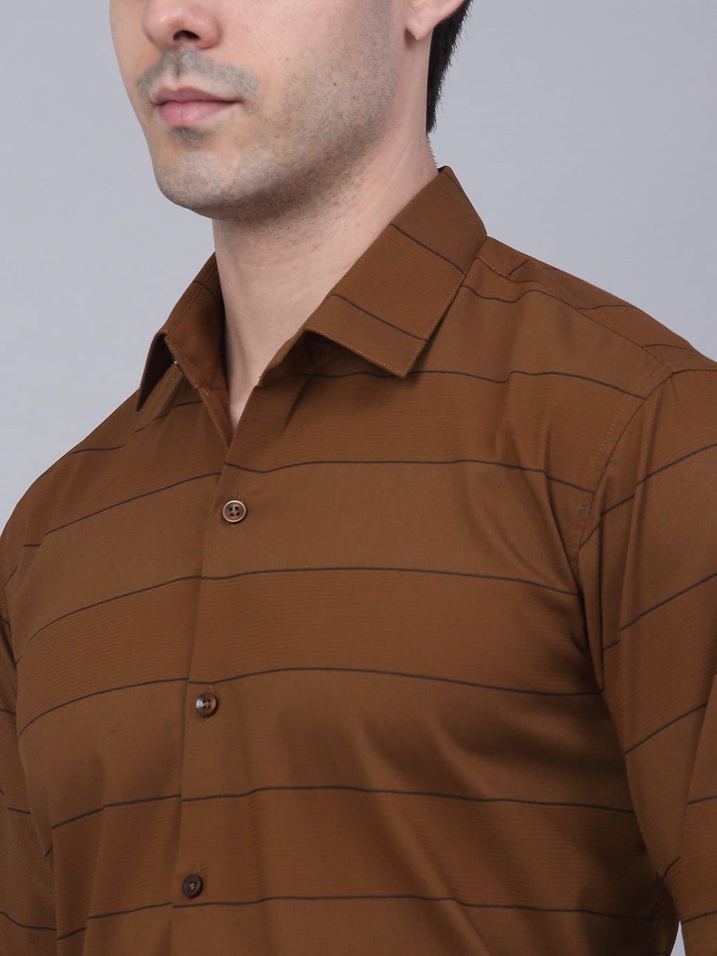 Jainish Men's Brown Horizontal Striped Formal Shirt