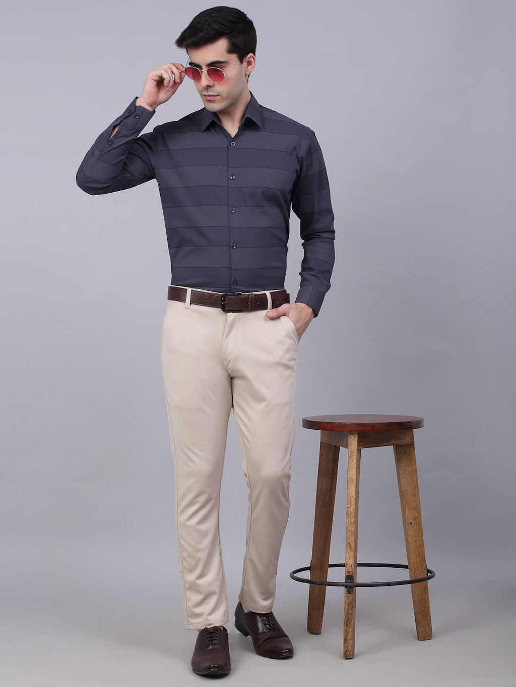 Jainish Men's Grey Horizontal Striped Formal Shirt