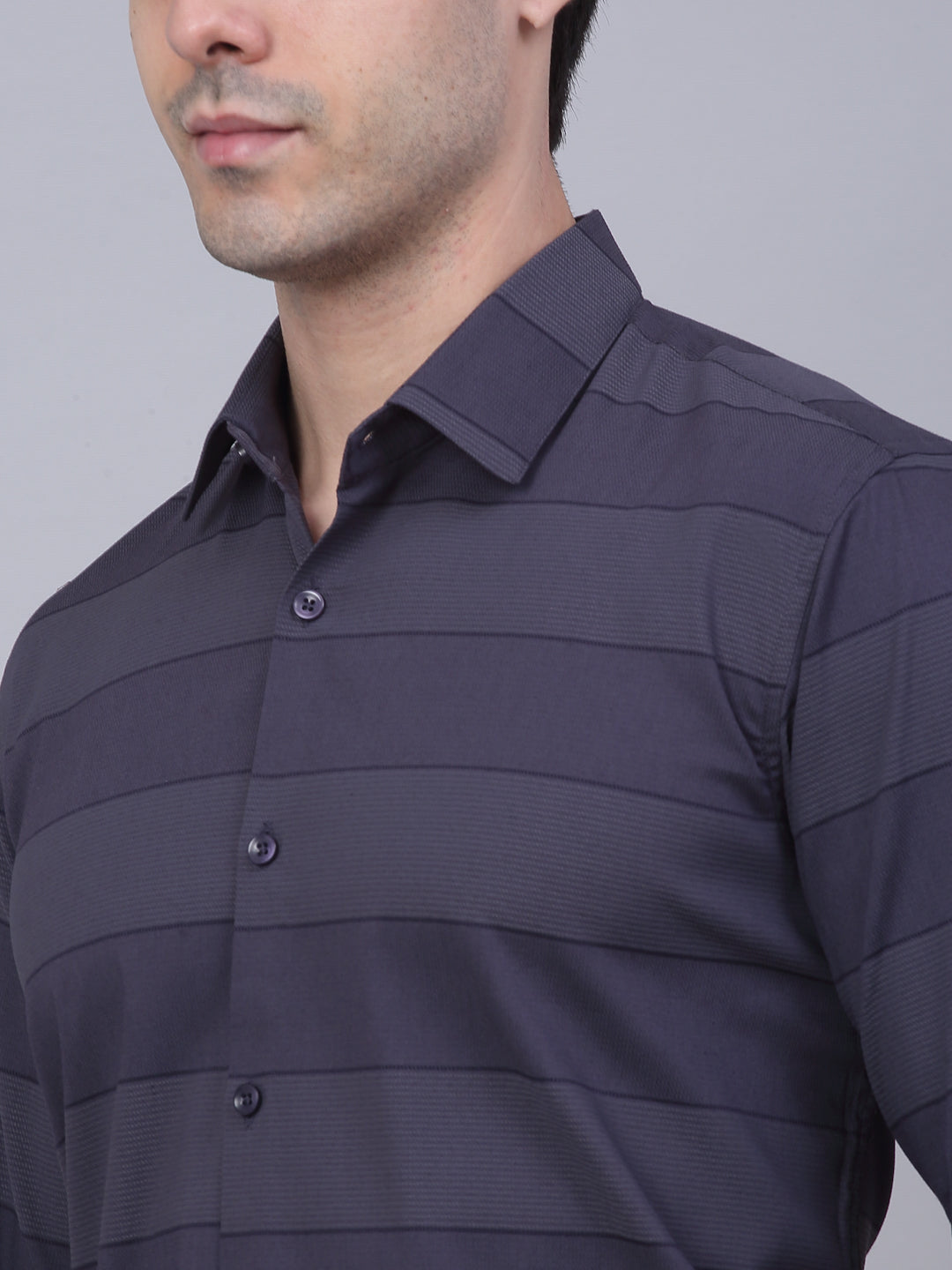 Jainish Men's Grey Horizontal Striped Formal Shirt