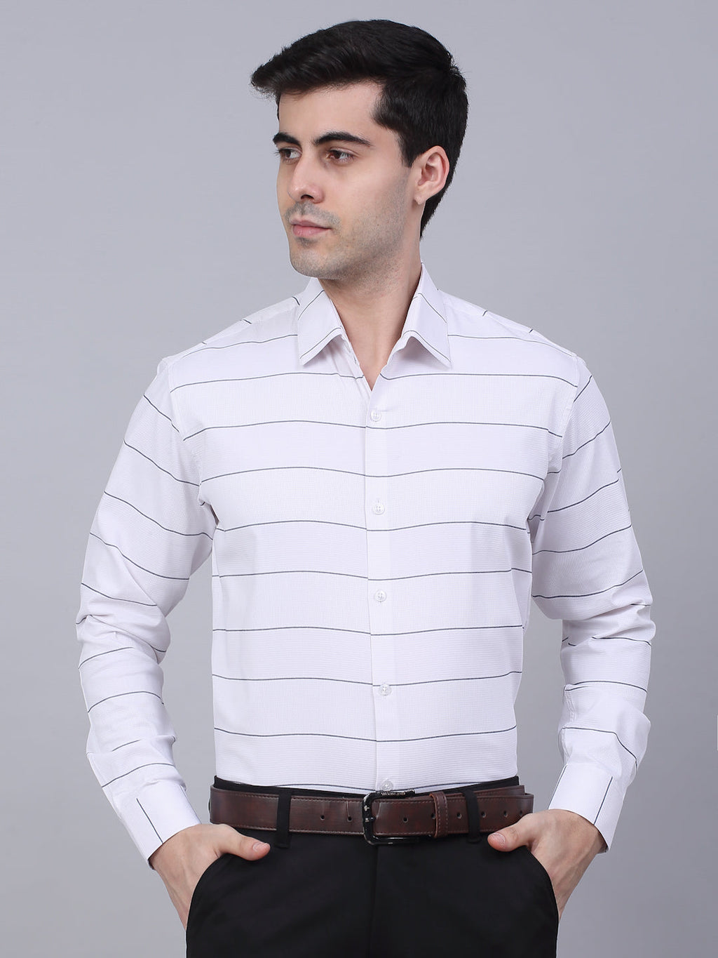 Jainish Men's White Horizontal Striped Formal Shirt